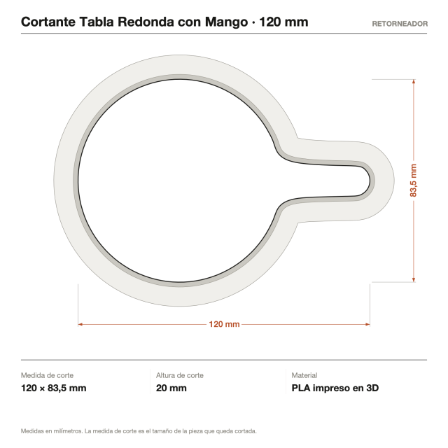 Cortante Tabla Redonda con Mango - Tamaño a elección
