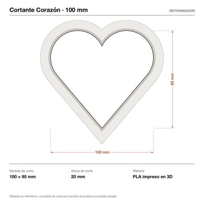 Plano técnico del cortante corazón con cotas en terracota